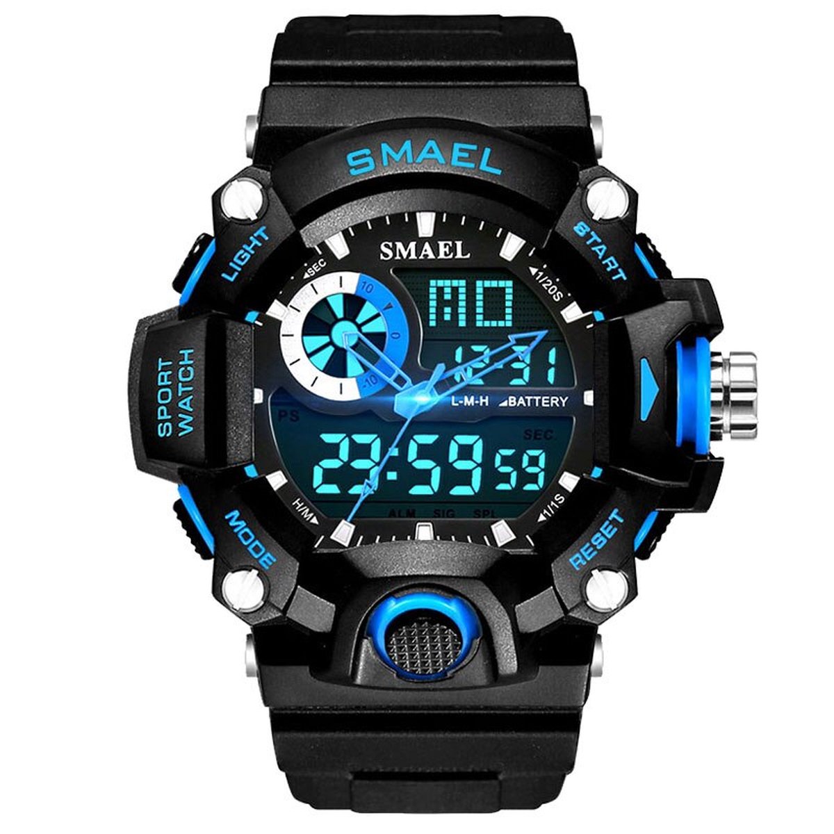 Shock Bestendig Heren Horloge Zwart Blauw met rubber band | Smael | 1385 | Waterdicht | Glow in dark | Mud Master | Leger | Licht | Rubberen band | Timer | Army | Eyecatcher | Master| Vaderdag Cadeau | Vaderdag | kado|