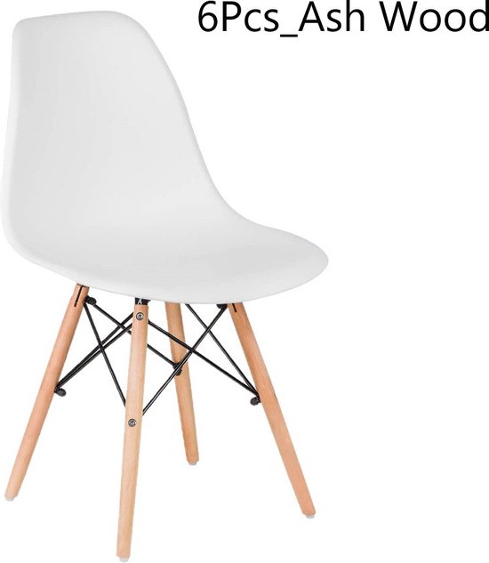 Eetkamerstoel - Shell Chair - Essenhouten Bijzetstoel - Poten met Metaal - Kunststof Stoelen voor Woonkamer Keuken - 6 Stuks Wit