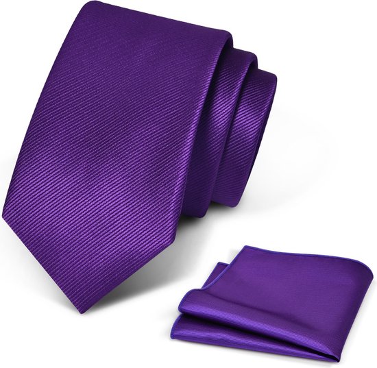 Premium Ties - Luxe Stropdas Heren + Pochet - Set - Polyester - Paars - Incl. Luxe Gift Box!