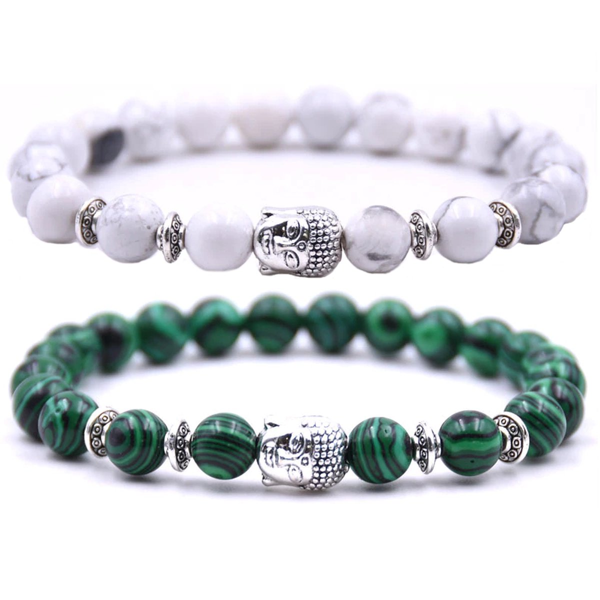 Armband heren / dames / unisex - met buddha bedel - Kralen armband boedha - Chakra armband - Cadeau voor hem of haar - Armbandenset 2 bandjes - Wit marmer & groen