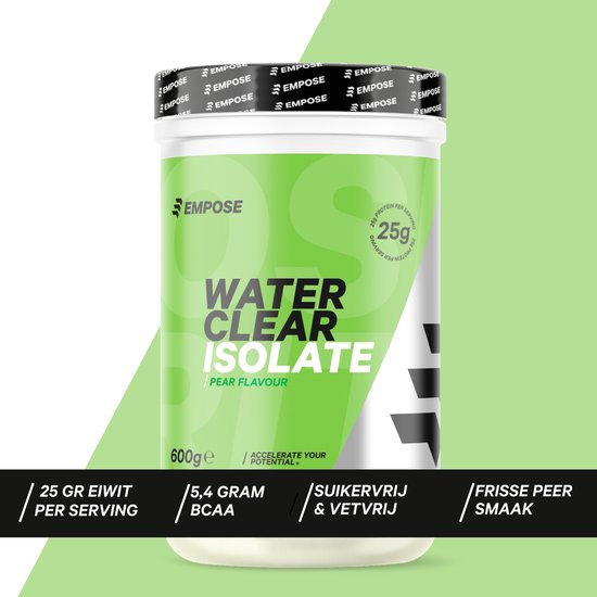 Fles water clear isolate perensmaak 600g met opdruk "25 GR EIWIT PER SERVING", "5,4 GRAM BCAA", "SUIKERVRIJ & VETVRIJ" en "FRISSE PEER SMAAK".