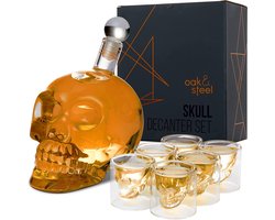 Oak & Steel – Doodskop Whiskey Karaf Set – 500ml Karaf & 6 Doodskop Glazen – Uniek Schedel Design – Voor Whiskey & Cocktails Image