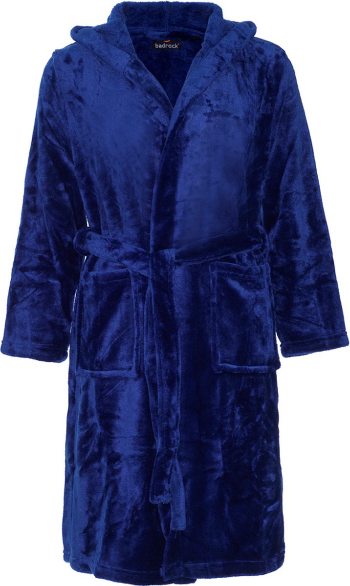 Kinderbadjas fleece - capuchon badjas kind - marineblauw - ochtendjas flanel fleece - maat XXL (164/176) - Badrock