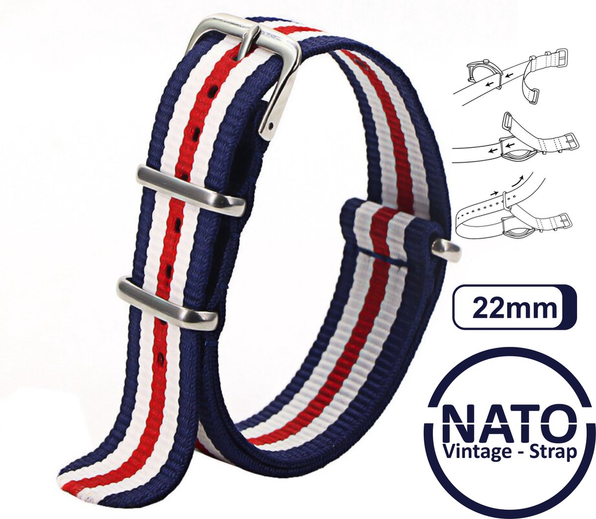 22mm Nato Strap Rood Wit Blauw streep - Vintage James Bond - Nato Strap collectie - Mannen - Horlogebanden - 22 mm bandbreedte voor oa. Seiko Rolex Omega Casio en Citizen