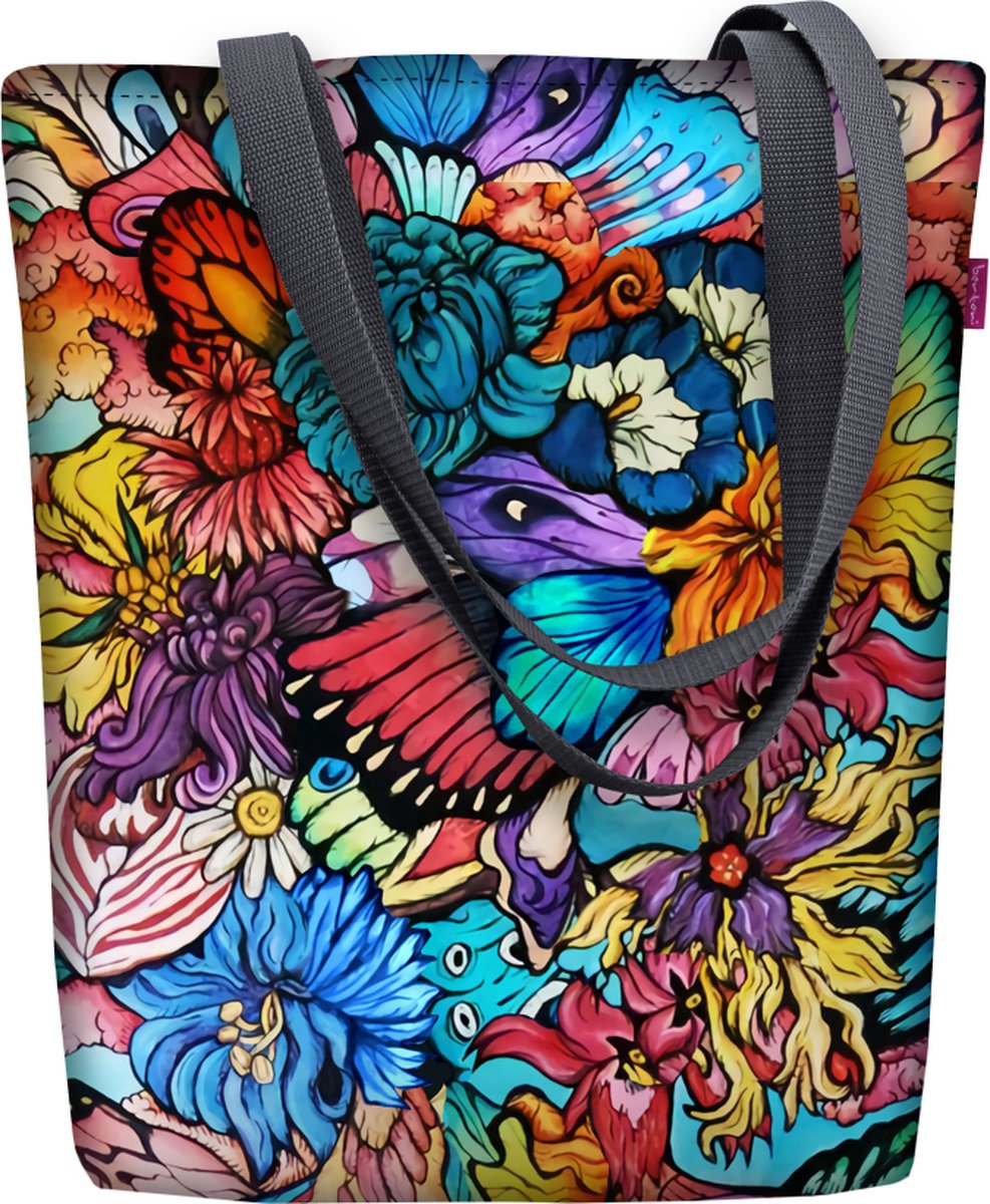 Zonnige schoudertas met rits - Dames shopper 36x40 cm (past A4) - Tote bag stoffen tas met motief Hippi