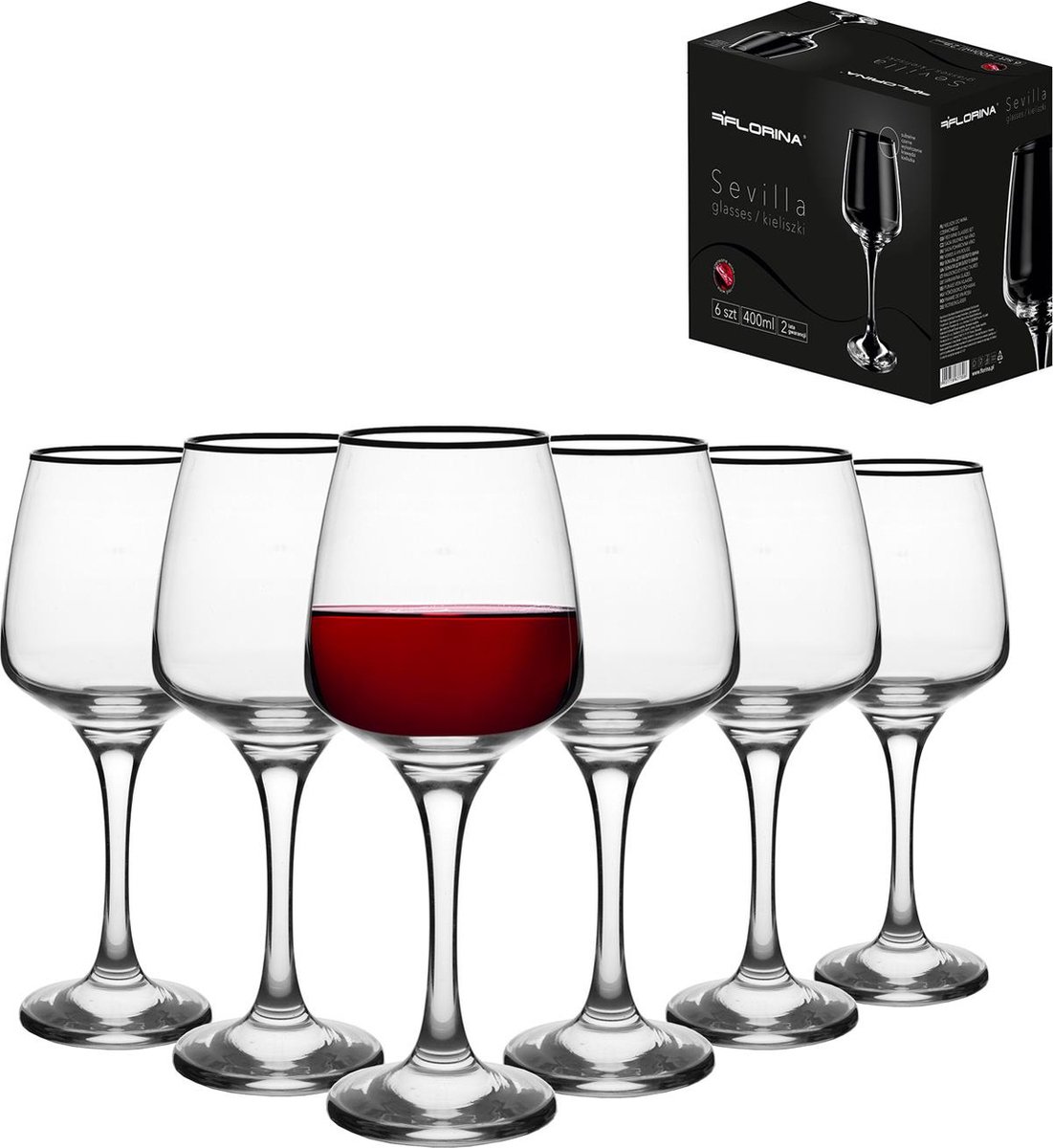 Florina Sevilla set van 6 exclusieve rode wijnglazen met zwarte onyx rand 400ml - luxe en elegante uitstraling - bevat geen schadelijke stoffen