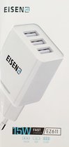 Eisenz EZ611 - iPhone lader - USB-C 3 poorten oplader - 3.1A - Snellader - Smart Fast Charger - Telefoonstekker - Universeel laderWit