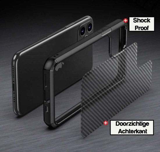 Zwart telefoonhoesje met doorzichtige achterkant en schokbestendige randen.
