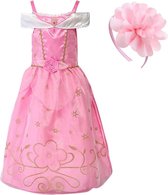 Doornroosje jurk 116-122 (130) roze goud met broche + roze haarband | Prinsessenjurk meisje verkleedkleren meisje
