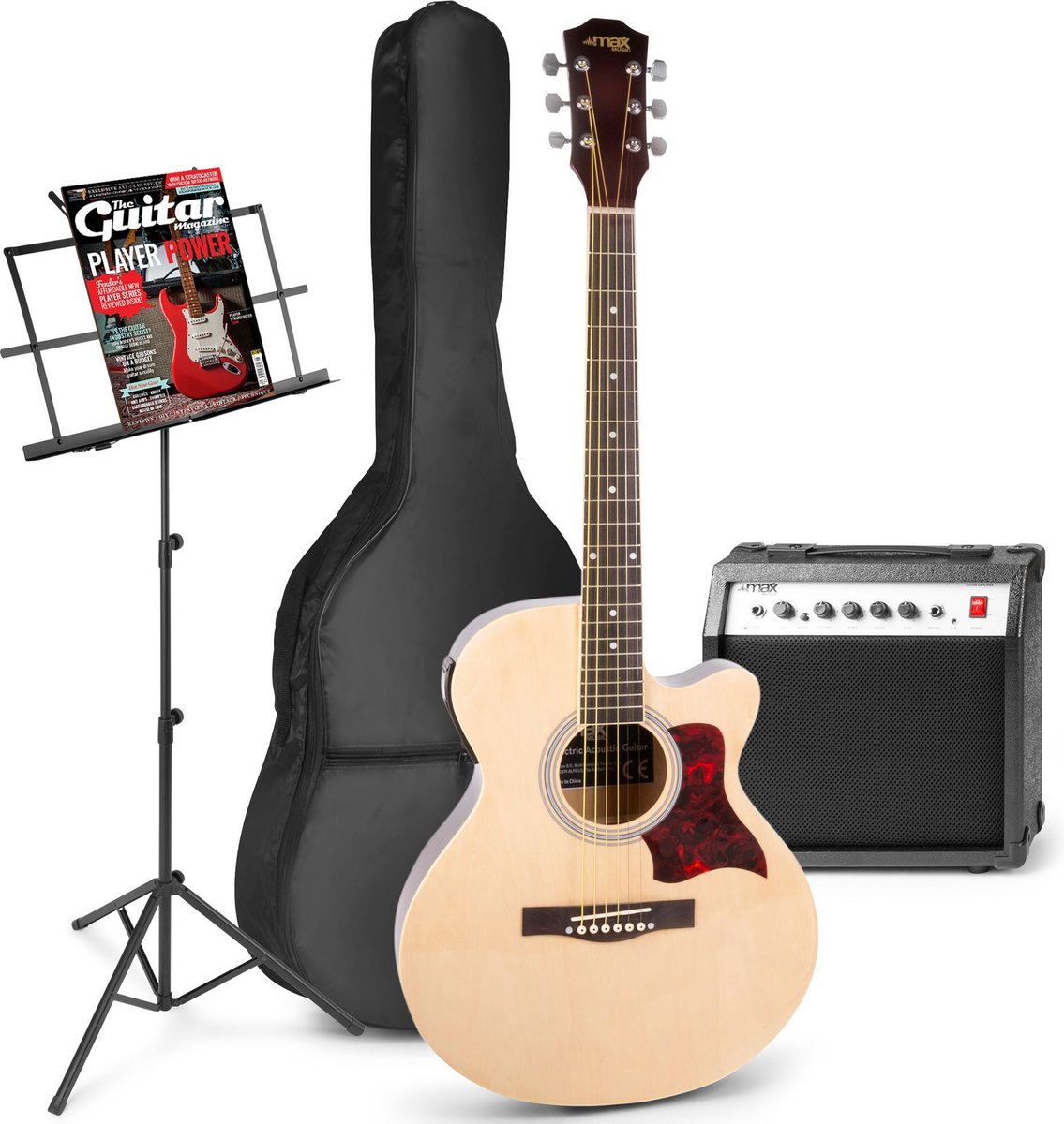 Elektrisch akoestische gitaar - MAX ShowKit gitaarset met 40W gitaar versterker, muziekstandaard, gitaar stemapparaat, gitaartas en plectrum - Hout