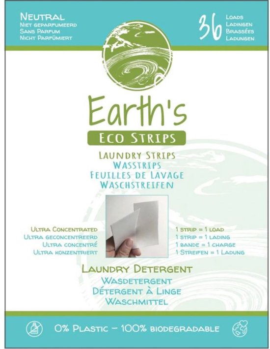Earth's Eco - wasstrips - Eco wasmiddel - 36 wasbeurten - duurzaam wassen - plasticvrij - biologisch afbreekbaar - geur: fris linnen