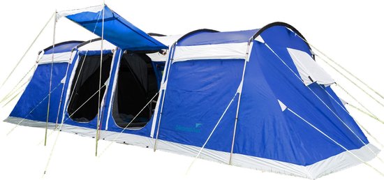 Skandika Montana 10 Sleeper Protect Tent – Tenten – Familietent – Sleeper technology (extra donkere slaapcabines) - Verduisterend - Campingtent 10 persoons – Ingenaaide tentvloer – 2-4 slaapcabines – 700x370x200 cm (LxBxH) – Kamperen – blauw/wit