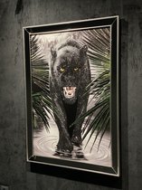 Schilderij 3D 'Black Panther' op doek 80x110 - Houten lijst met spiegel bewerking, reliëf effect, handgemaakte effecten