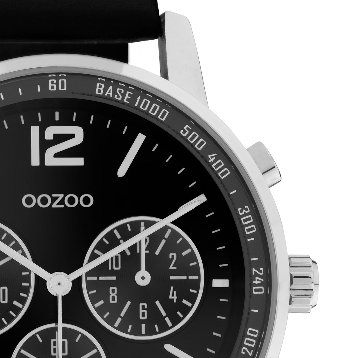 OOZOO Timepieces - zilverkleurige horloge met zwarte leren band - C10813 - Ø42
