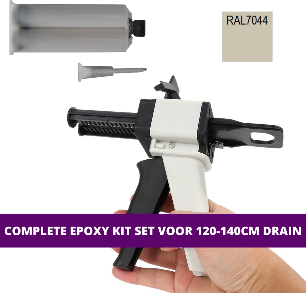 Epoxy kit set voor douchegoten - 120 t/m 140 cm lang - Zijdegrijs - RAL7044/5 - 2-componenten