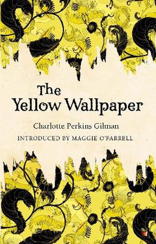 Couverture de livre avec le titre 'The Yellow Wallpaper' en lettres noires sur fond jaune avec ornements noirs.
