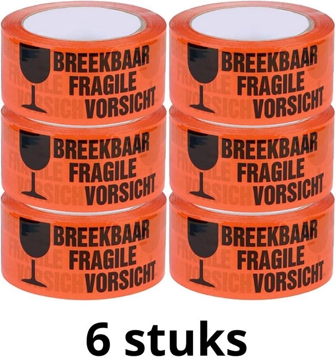 Waarschuwingstape - PP Acryl Tape - Breekbaar - 6 stuks - 50 mm x 60 meter