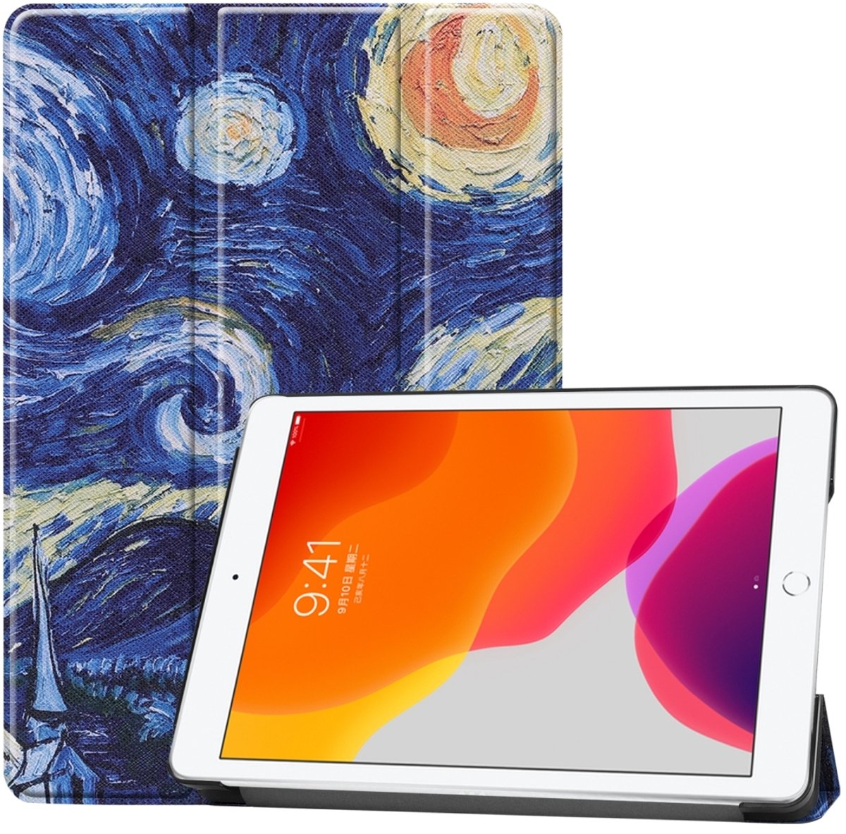Mobigear Tablethoes geschikt voor Apple iPad 9 (2021) Hoes | Mobigear Tri-Fold Bookcase - The Starry Night | Blauw