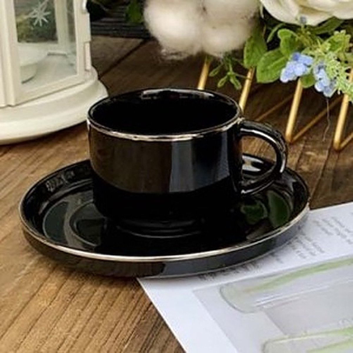 Selinex espressoset zwart met zilveren rand