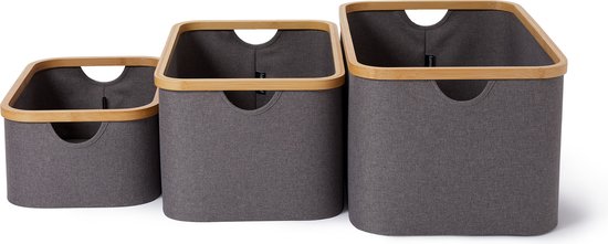 Boîte de rangement rectangulaire Lumaland avec cadre en bambou en lot de 3 boîtes de 54 x 33 x H 26 cm et 45 x 30 x H 23 cm et 38 x 26 x H 16 cm gris