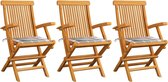 vidaXL Tuinstoelen 3 st met grijs geruite kussens massief teakhout