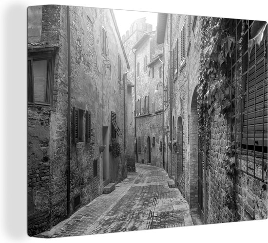 Canvas Schilderij Italiaanse straat in Toscane - zwart wit - 40x30 cm - Wanddecoratie