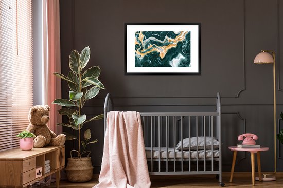 Poster in lijst - Fotolijst 90x60 cm - Posters - Marmer - Aqua - Gouden - Posterlijst zwart - Decoratie - Wanddecoratie woonkamer - Muurdecoratie slaapkamer