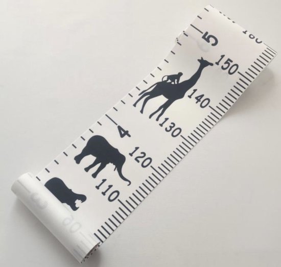 IL BAMBINI - Groeimeter - Dieren zwart/wit - Babykamer - Kinderkamer - Canvas- Hout- 200 x 20 cm - Decoratie meetlint - Wanddecoratie