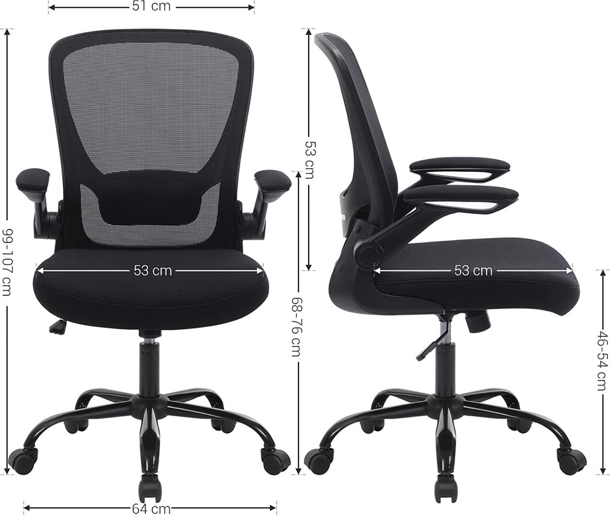 bureaustoel office chair met opklapbare armleuningen, ergonomische computerstoel, 360°-draaistoel, verstelbare lendensteun, zwart OBN37BK