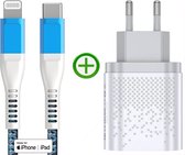 Snellader - Fast Dual Charger 20w + Twisted Blue USB-C naar Lightning Kabel 2m - Nylon - MFi Gecertificeerd