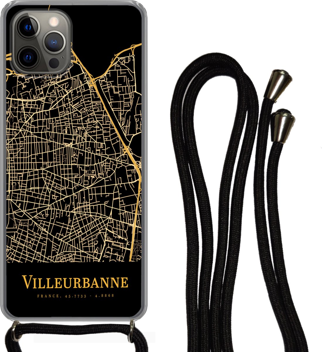 Telefoonkoord - Telefoonketting - Telefoonhoesje Geschikt voor iPhone 13 Pro - Villeurbanne - Kaart - Goud - Siliconen - Crossbody - Telefoonhoesje met koord Telefoonhoesje