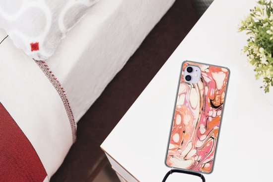 Coque avec cordon iPhone 11 - Imprimé marbré - Oranje - Zwart - Siliconen - Bandoulière - Coque arrière avec cordon - Coque pour téléphone avec cordon - Coque avec corde
