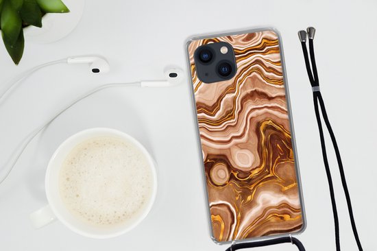 Coque avec cordon iPhone 13 - Marbre - Doré - Motifs - Siliconen - Bandoulière - Coque arrière avec cordon - Coque pour téléphone avec cordon - Coque avec corde