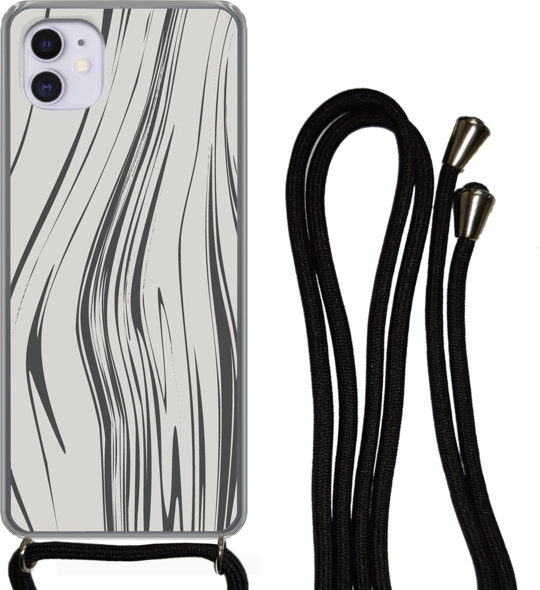 Telefoonkoord - Telefoonketting - Telefoonhoesje Geschikt voor iPhone 11 - Marmer print - Grijs - Lijn - Siliconen - Crossbody - Telefoonhoesje met koord Telefoonhoesje