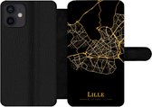 Bookcase Geschikt voor iPhone 12 Mini telefoonhoesje - Lille - Kaart - Goud - Met vakjes - Wallet case met magneetsluiting