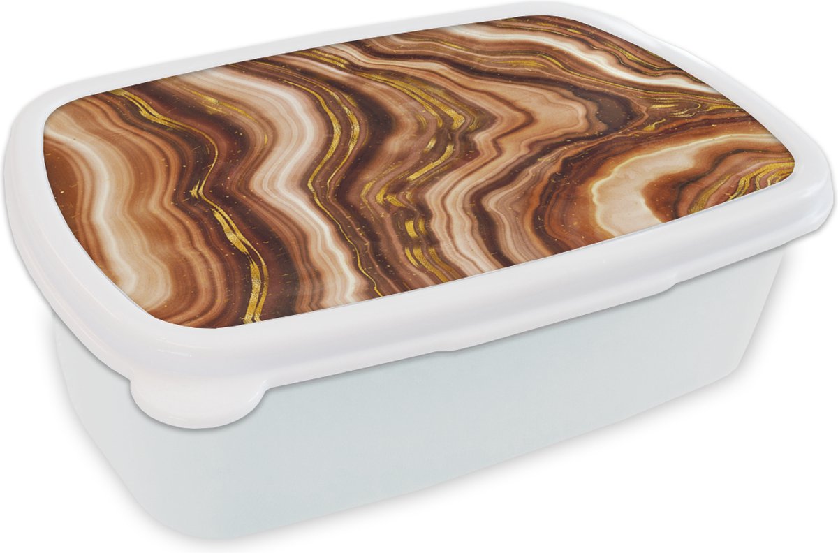 Broodtrommel Wit - Lunchbox - Brooddoos - Marmer - Beige - Goud - 18x12x6 cm - Volwassenen