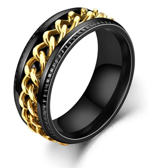 Anxiety Ring - (Ketting) - Stress Ring - Fidget Ring - Anxiety Ring For Finger - Draaibare Ring - Spinning Ring - Zwart-Goud - (19.25mm / maat 60)