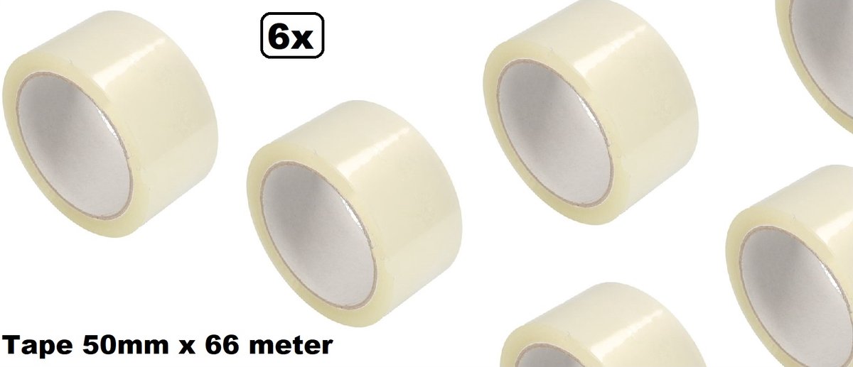 6x Rol Tape 50mm x 66meter transparant - dozen sluiter doos tape afsluit tape verpakkings tape