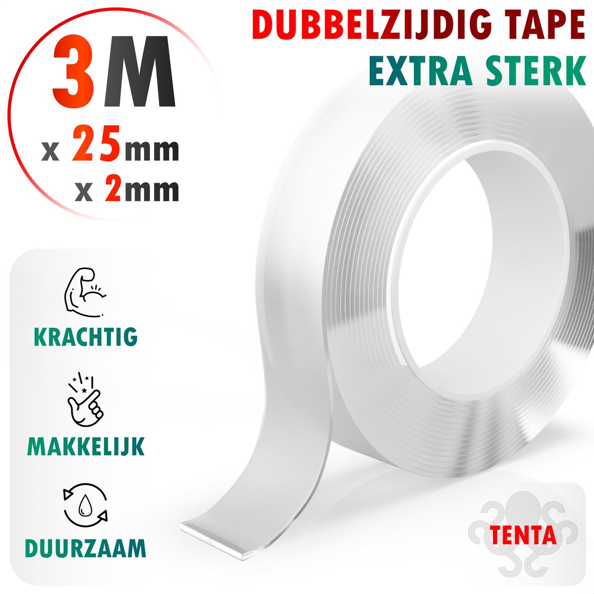 TENTA® Dubbelzijdig Tape Extra Sterk - Krachtig - Makkelijk - Duurzaam - 3m  x 25mm x 2mm | bol.com