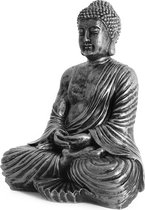 Boeddha Beeld Zittend Mediterend in Lotushouding Zilver Zwart 42cm - Decoratie