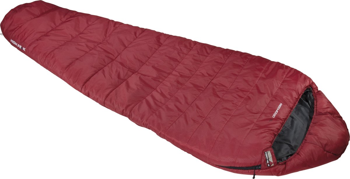 High Peak Redwood -3L, XL-mummieslaapzak, extra breed, donkerrood, voor volwassenen, 3 seizoenen (lente-zomer-herfst), temperatuur-3°C, warm, incl. compressiehoes, ideaal voor camping, wandelen, trekking, berg- en rugzaktours, ademend