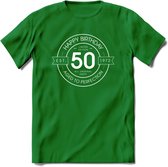 50th Happy Birthday T-shirt | Vintage 1972 Aged to Perfection | 50 jaar Abraham en Sarah verjaardag cadeau | Grappig feest shirt Heren – Dames – Unisex kleding | - Donker Groen - S