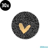 30x Sluitsticker zwart met gouden hart | Witte stippen | 35 mm | Sluitzegel Hartje | Sluitsticker | Chique inpakken | Traktatie - Verjaardag - Feest | Trouwkaart | Geboortekaart
