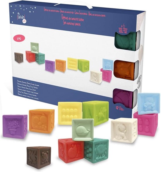 Blokkenset voor Baby - 12 Stuks - Tachan - Rubber Blokken met Textuur - Duurzaam en Veilig - Zacht - Multicolor
