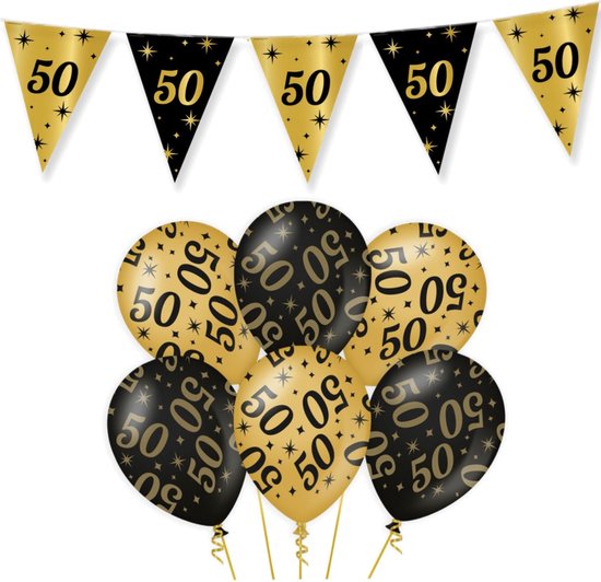 Leeftijd verjaardag feestartikelen vlaggetjes/ballonnen 50 jaar zwart/goud -... | bol.com
