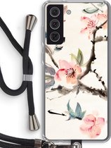 Case Company® - Samsung Galaxy S21 FE hoesje met Koord - Japanse bloemen - Telefoonhoesje met Zwart Koord - Bescherming aan alle Kanten en Over de Schermrand
