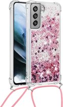 Lunso - Backcover hoes met koord - Samsung Galaxy S21 FE - Glitter Rose Goud