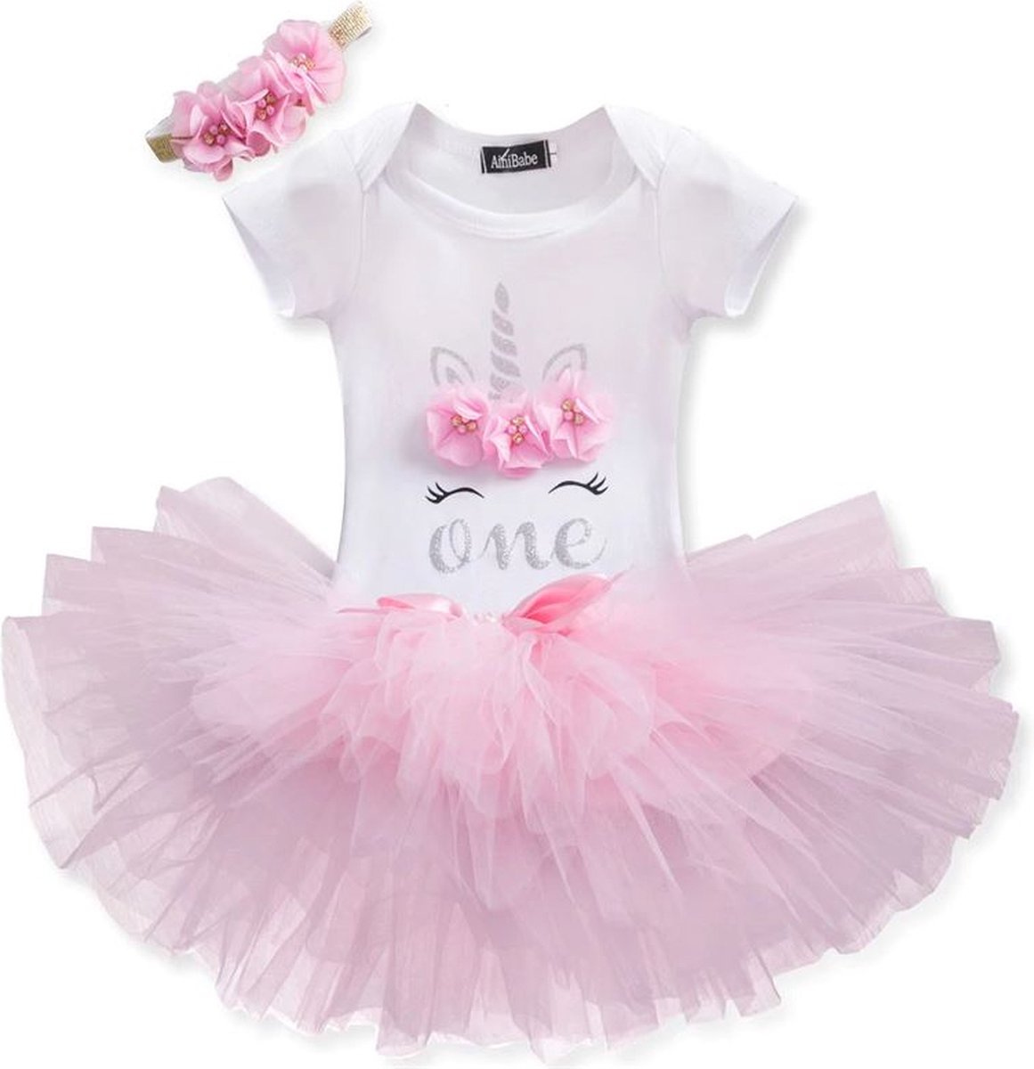3 in 1 set Cakesmash outfit meisje - Eerste verjaardag Eenhoorn Jurk set - Babykleding - Roze Unicorn - 1 jaar - NNJXD
