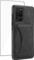 Samsung S21 FE Pasjes Houder Hoesje + Samsung S21 FE Screenprotector – Gehard Glas Cover - Portemonnee Hoesje met Kickstand - Magnetisch - Zwart