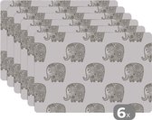 Placemat - Placemats kunststof - Doodle - Olifant - Design - 45x30 cm - 6 stuks - Hittebestendig - Anti-Slip - Onderlegger - Afneembaar